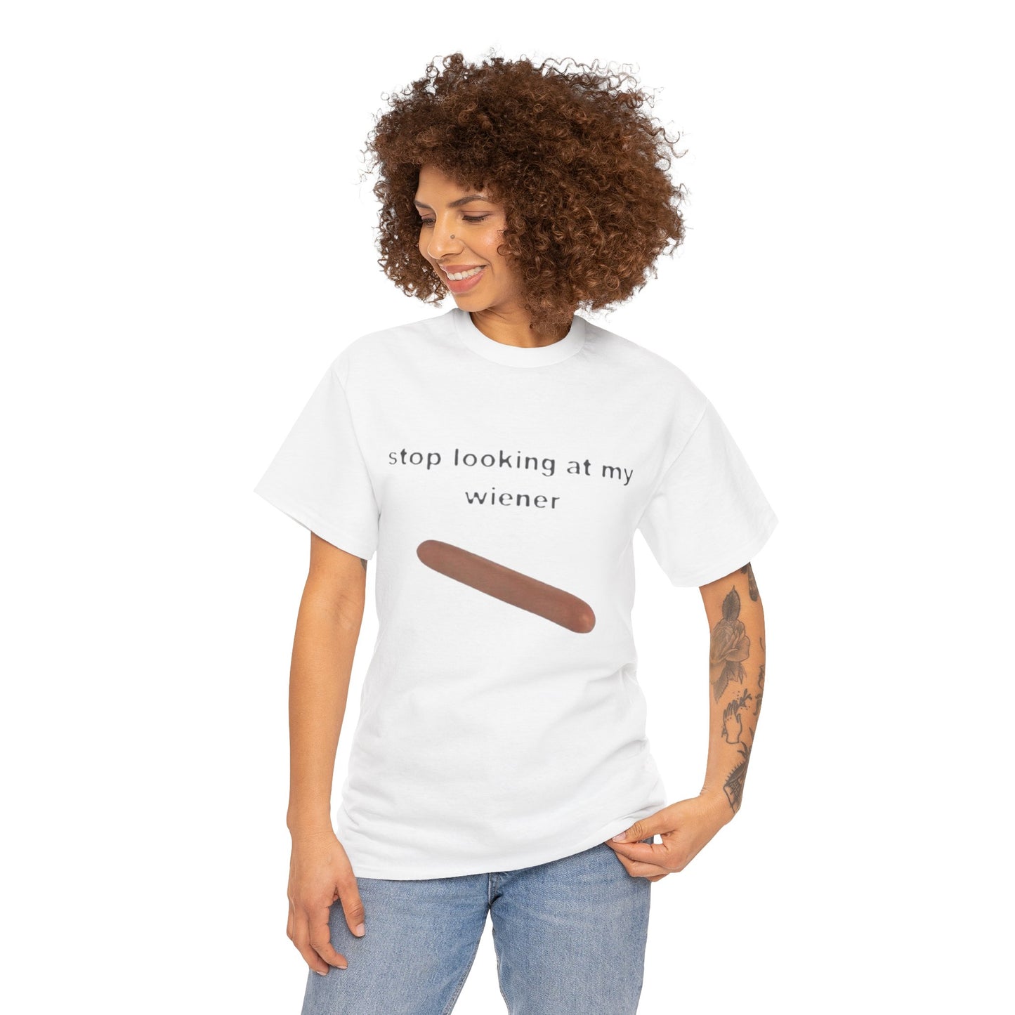 Graphic Tee — "Stop Looking at My Wiener" Hot Dog Humor Shirt