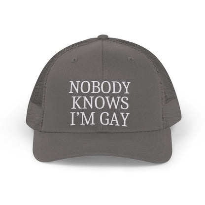 Trucker Hat — "Nobody Knows I'm Gay" Retro Embroidered Mesh Cap