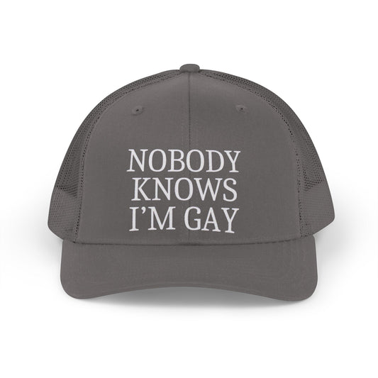 Trucker Hat — "Nobody Knows I'm Gay" Retro Embroidered Mesh Cap