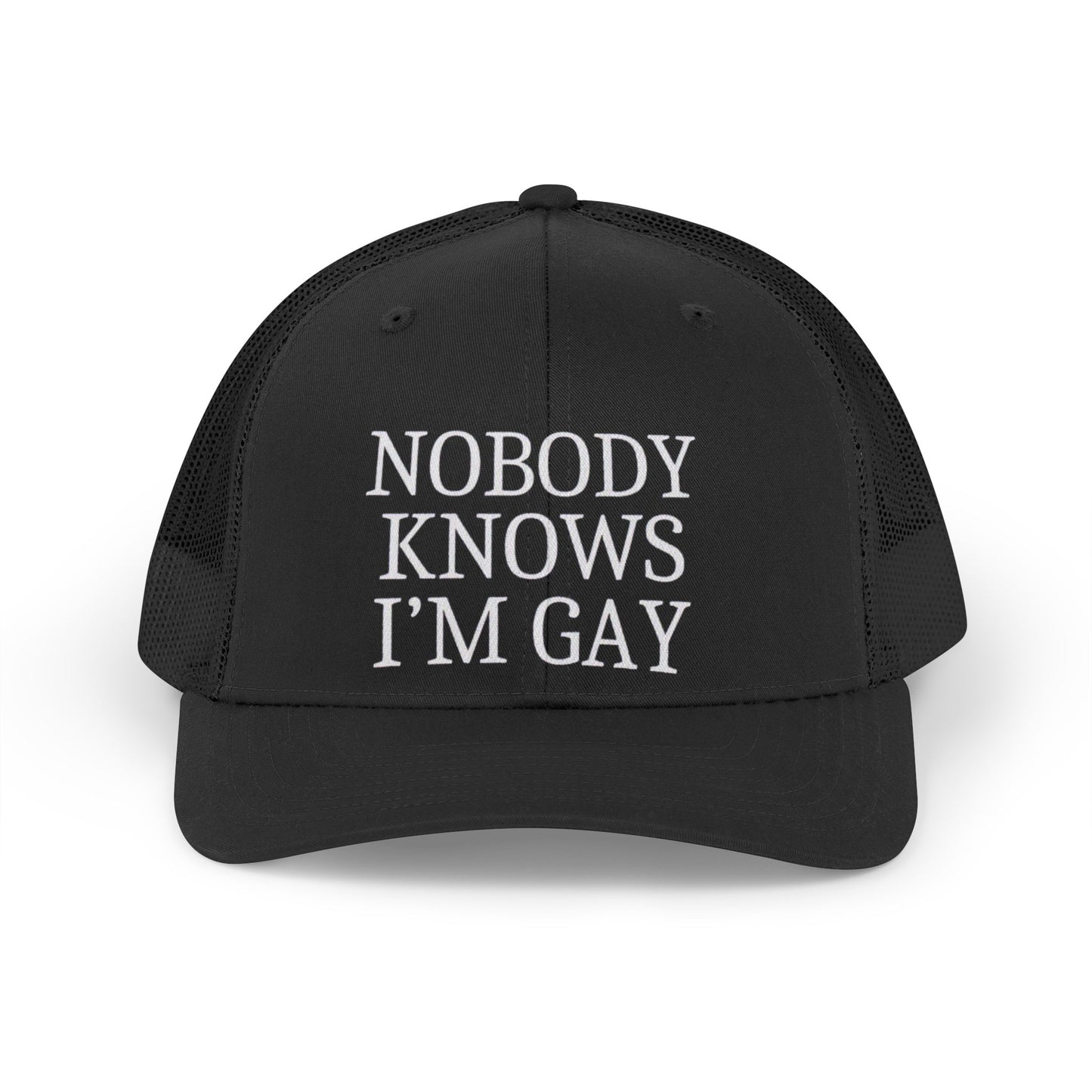 Trucker Hat — "Nobody Knows I'm Gay" Retro Embroidered Mesh Cap