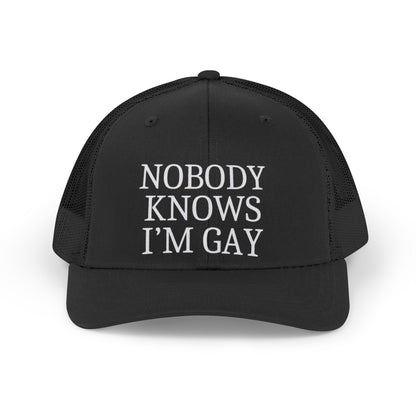 Trucker Hat — "Nobody Knows I'm Gay" Retro Embroidered Mesh Cap