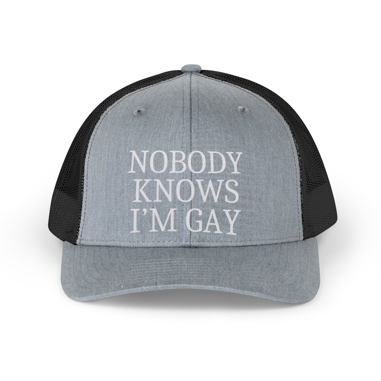 Trucker Hat — "Nobody Knows I'm Gay" Retro Embroidered Mesh Cap