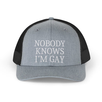 Trucker Hat — "Nobody Knows I'm Gay" Retro Embroidered Mesh Cap
